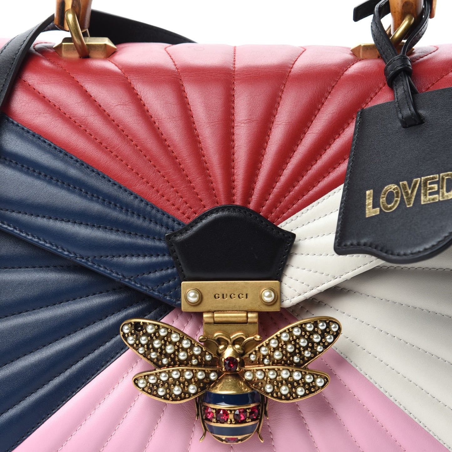 Calfskin Bamboo Trapuntata Queen Margaret Top Handle Bag Blue Agata Hibiscus Red Mystic White Sugar Pink