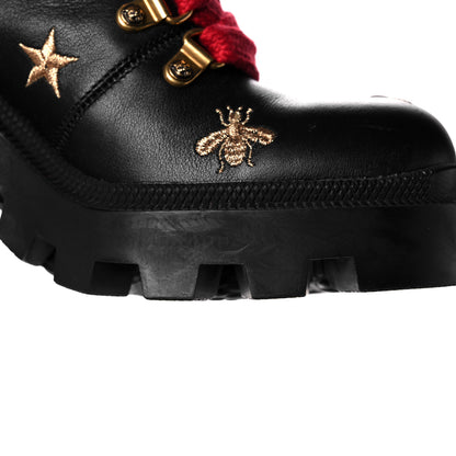 Gucci Calfskin Embroidered Lace Up Combat Ankle Boots 37 Black 10 of 14