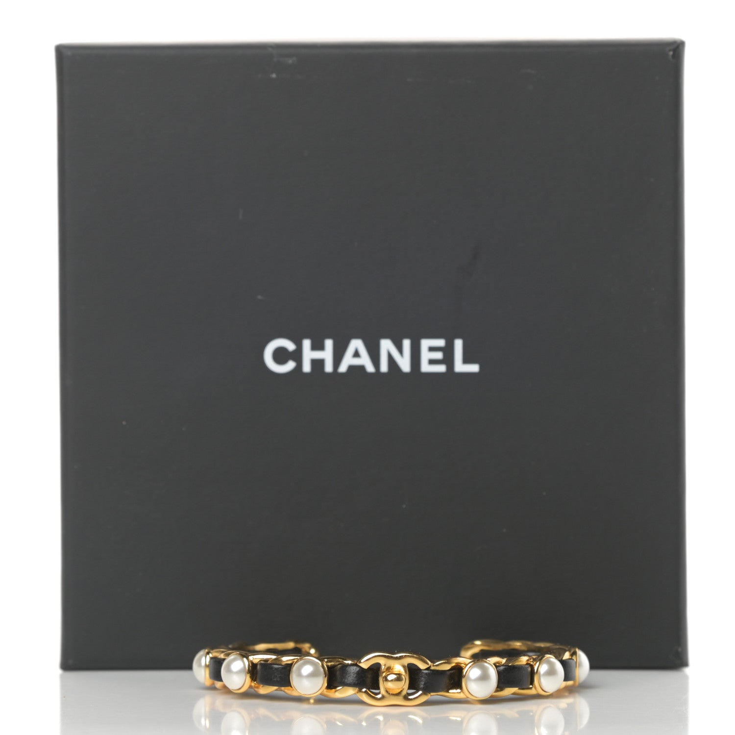 Chanel Lambskin Pearl CC Cuff Bracelet M Black Gold 5 of 5