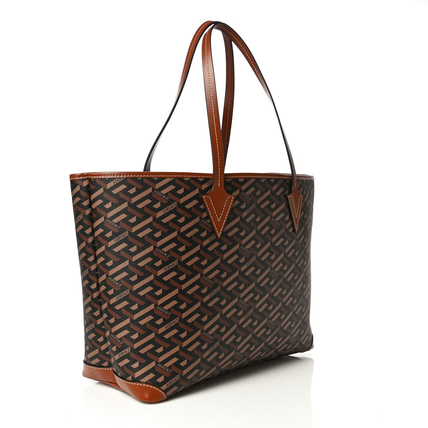 Versace Coated Canvas Calfskin La Greca Signature Shopper Tote Bag Black Caramel 2 of 8