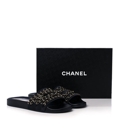 Chanel Satin Canvas Chain Slides Sandals Flats 40 Marine 10 of 10