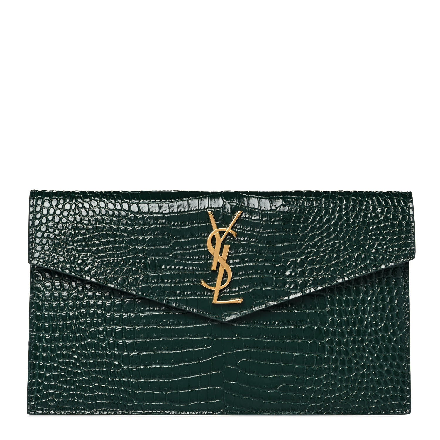 Saint Laurent Calfskin Crocodile Embossed Uptown Monogram Pouch Mint 1 of 8