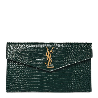 Saint Laurent Calfskin Crocodile Embossed Uptown Monogram Pouch Mint 1 of 8