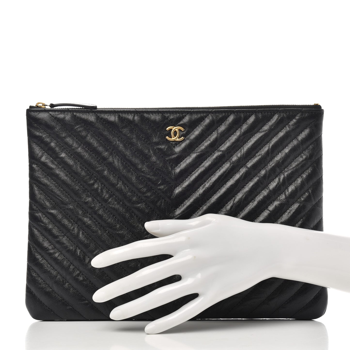Aged Calfskin Chevron Quilted Medium Cosmetic Case Black