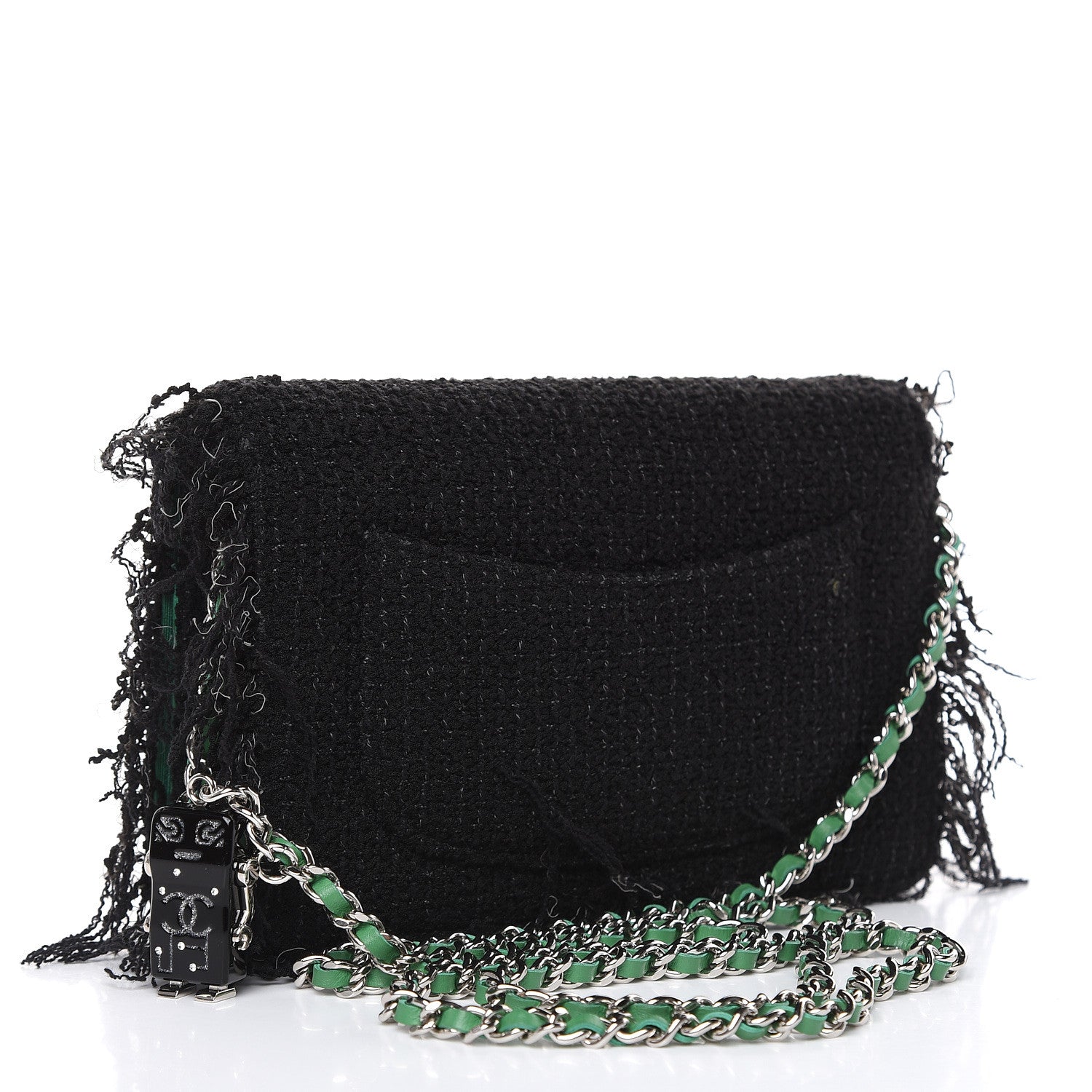 Chanel Tweed Fringe Wallet On Chain WOC Black Green 3 of 11