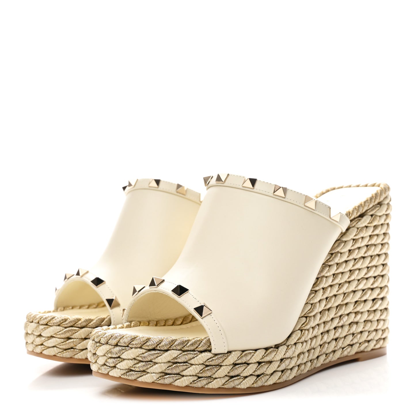 Calfskin Silk Rockstud Torchon Espadrille Wedge 25/115mm Slide Sandals 39 Light Ivory