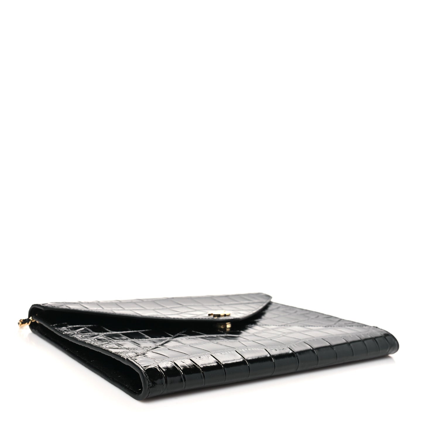 Calfskin Crocodile Embossed Croc Illusion Clutch With Chain  Black
