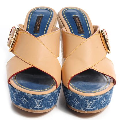 Louis Vuitton Vachetta Denim Juan Les Pins Espadrille Wedge Heels 38 Blue 2 of 9
