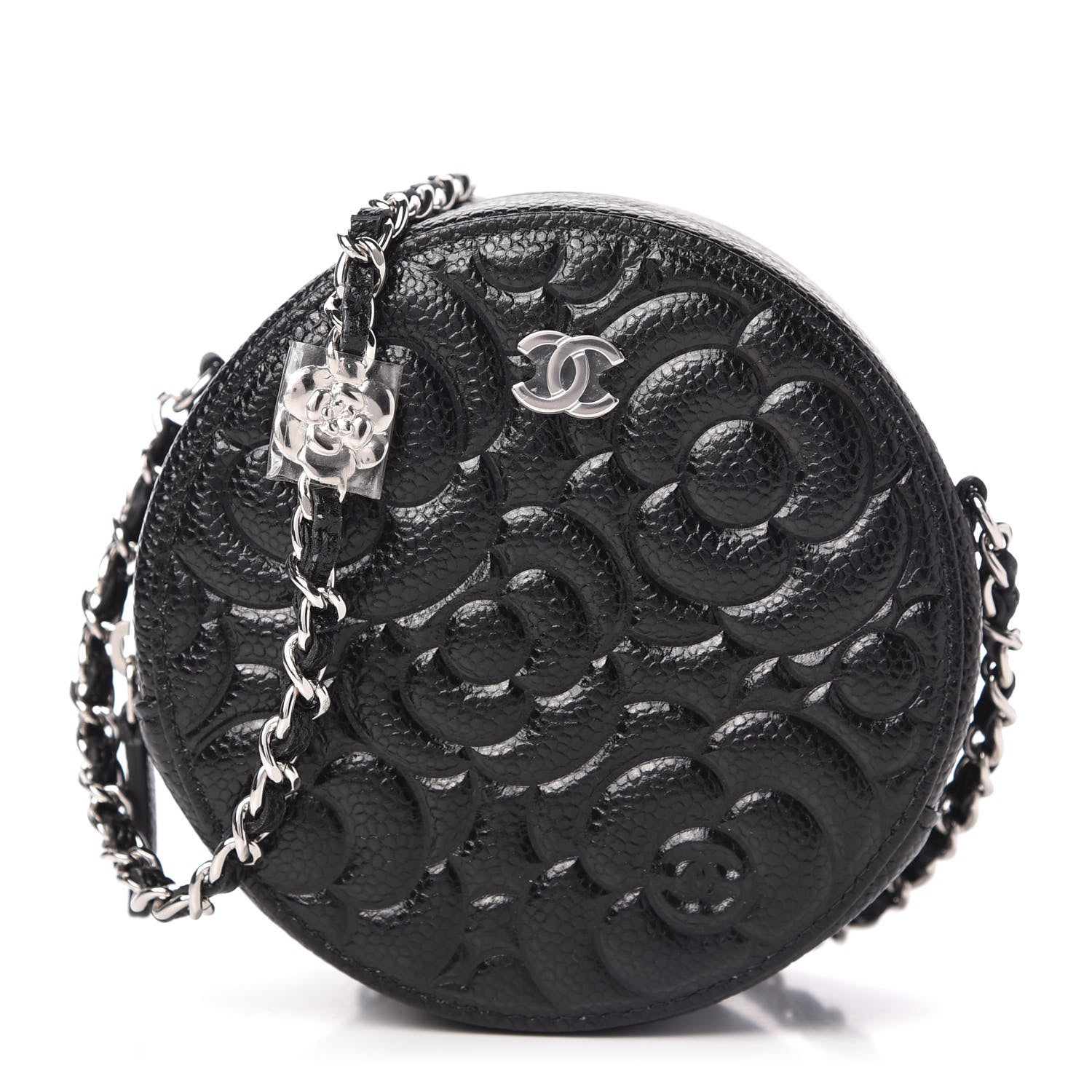 Chanel Caviar Camellia Embossed Round Clutch With Chain Black 1 of 10