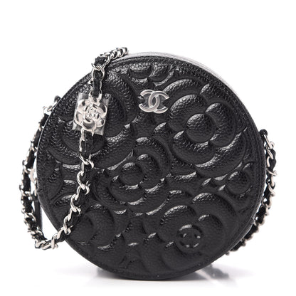 Chanel Caviar Camellia Embossed Round Clutch With Chain Black 1 of 10