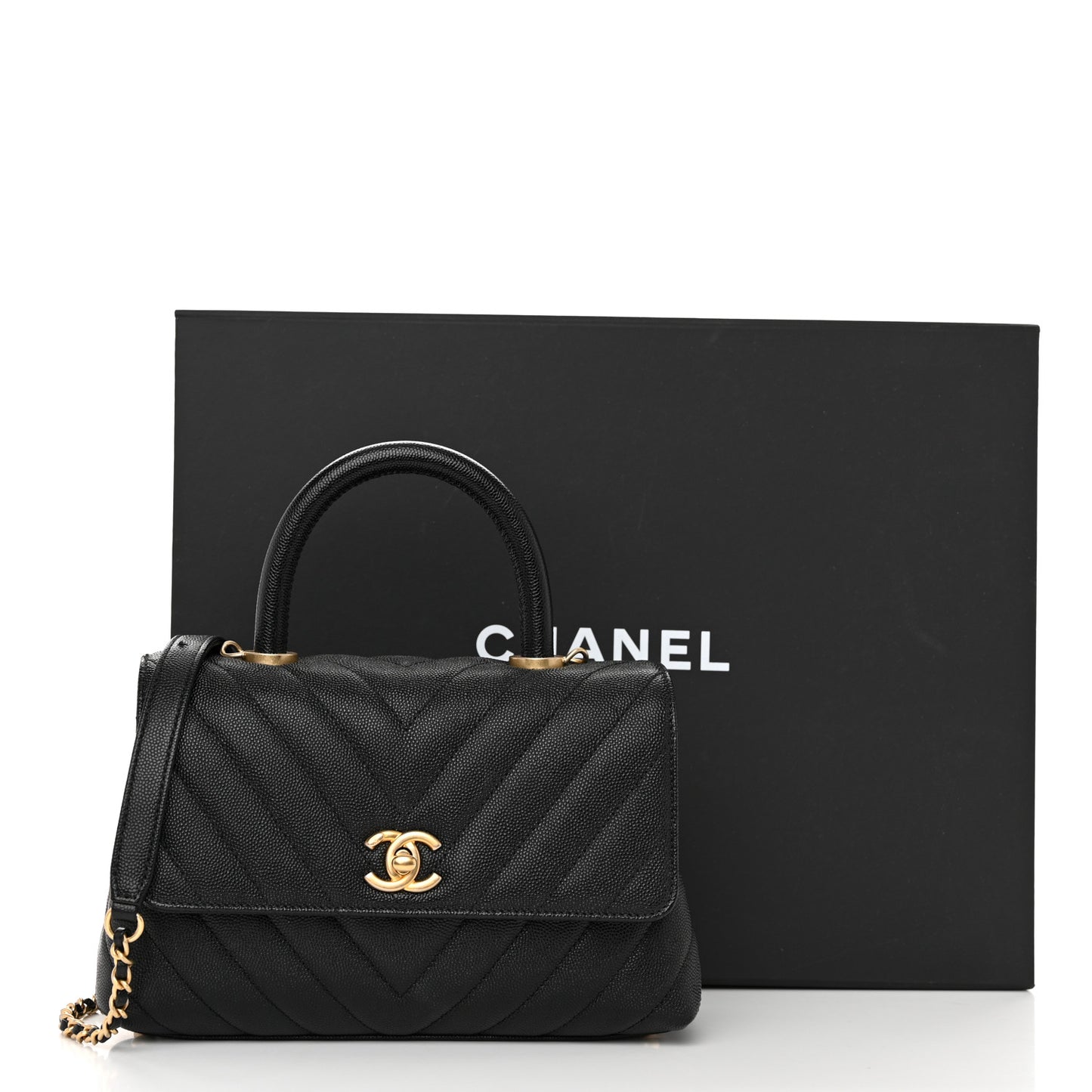 Caviar Chevron Quilted Mini Coco Handle Flap Black