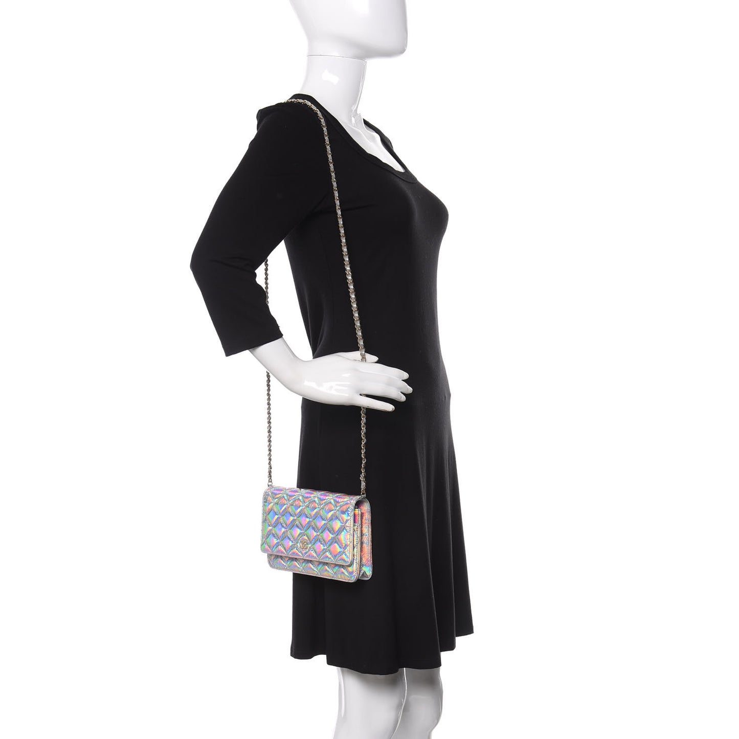 Iridescent Goatskin Quilted Wallet On Chain WOC Silver