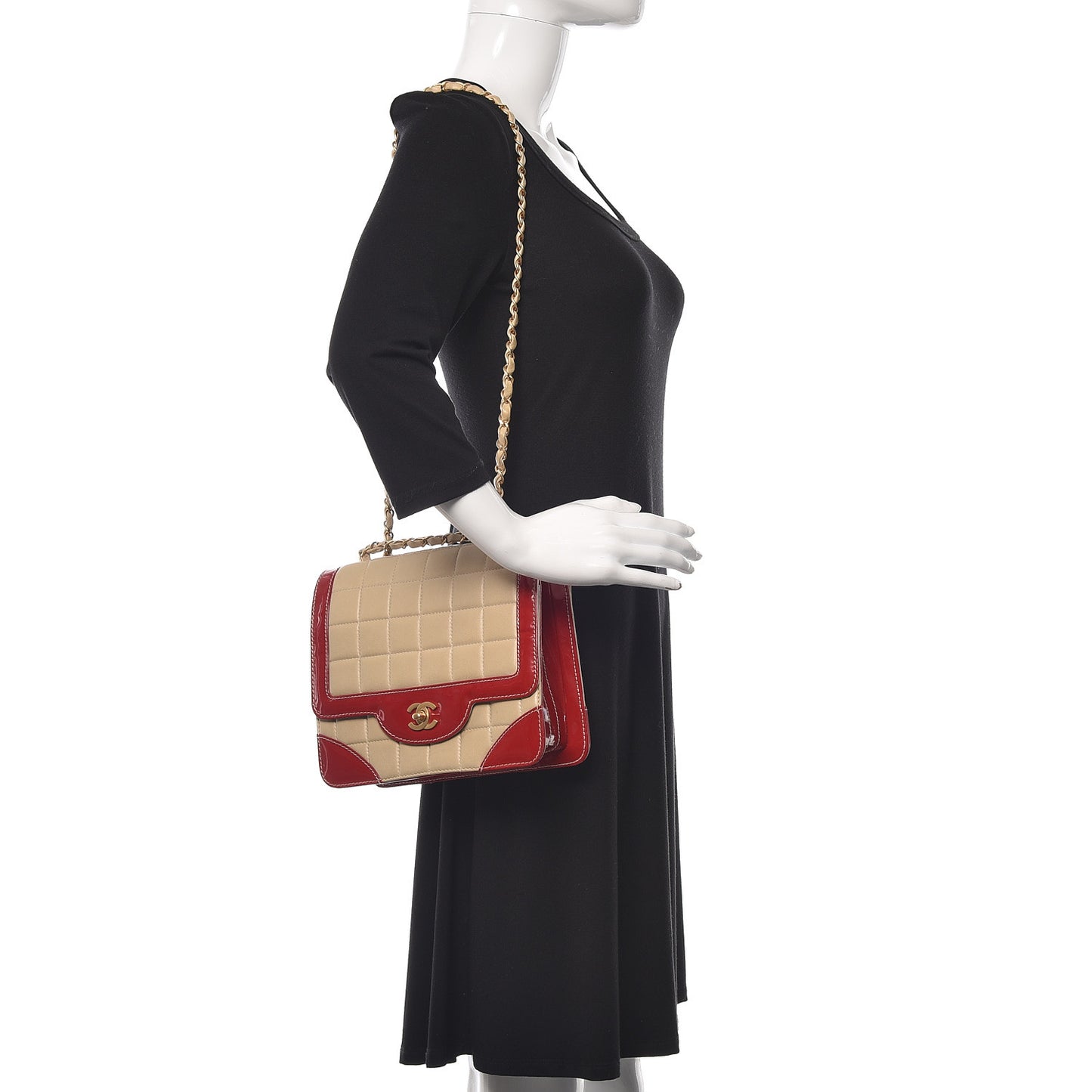 Lambskin Patent Chocolate Bar Flap Beige Red