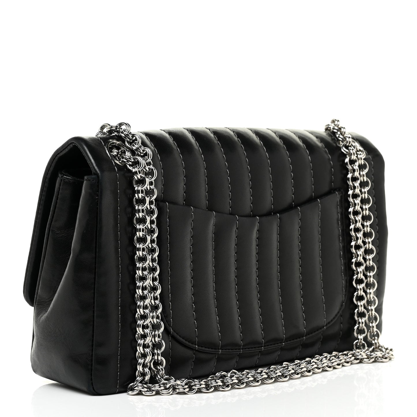 Lambskin Vertical Quilted Medium Single Flap Black