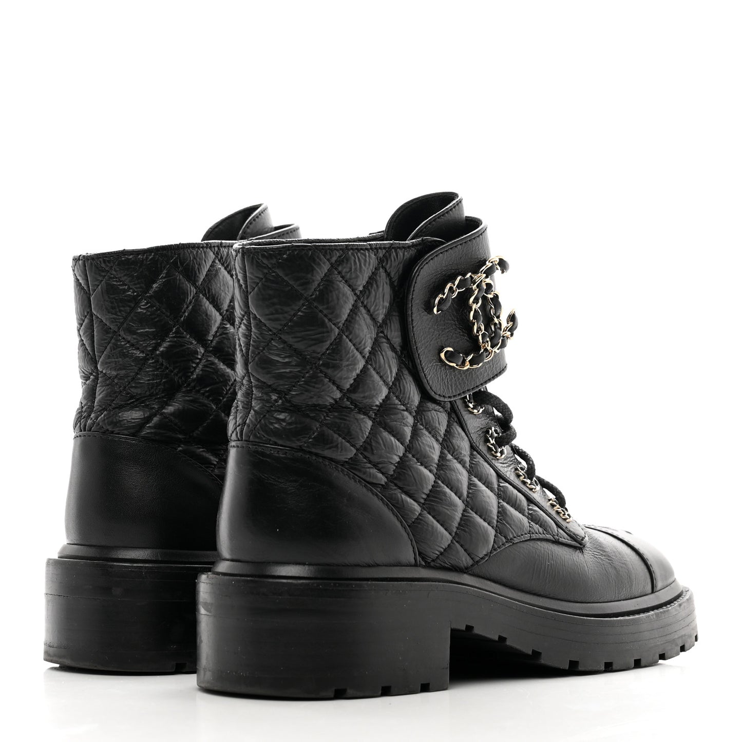 Shiny Calfskin Quilted Lace Up Combat Boots 37.5 Black