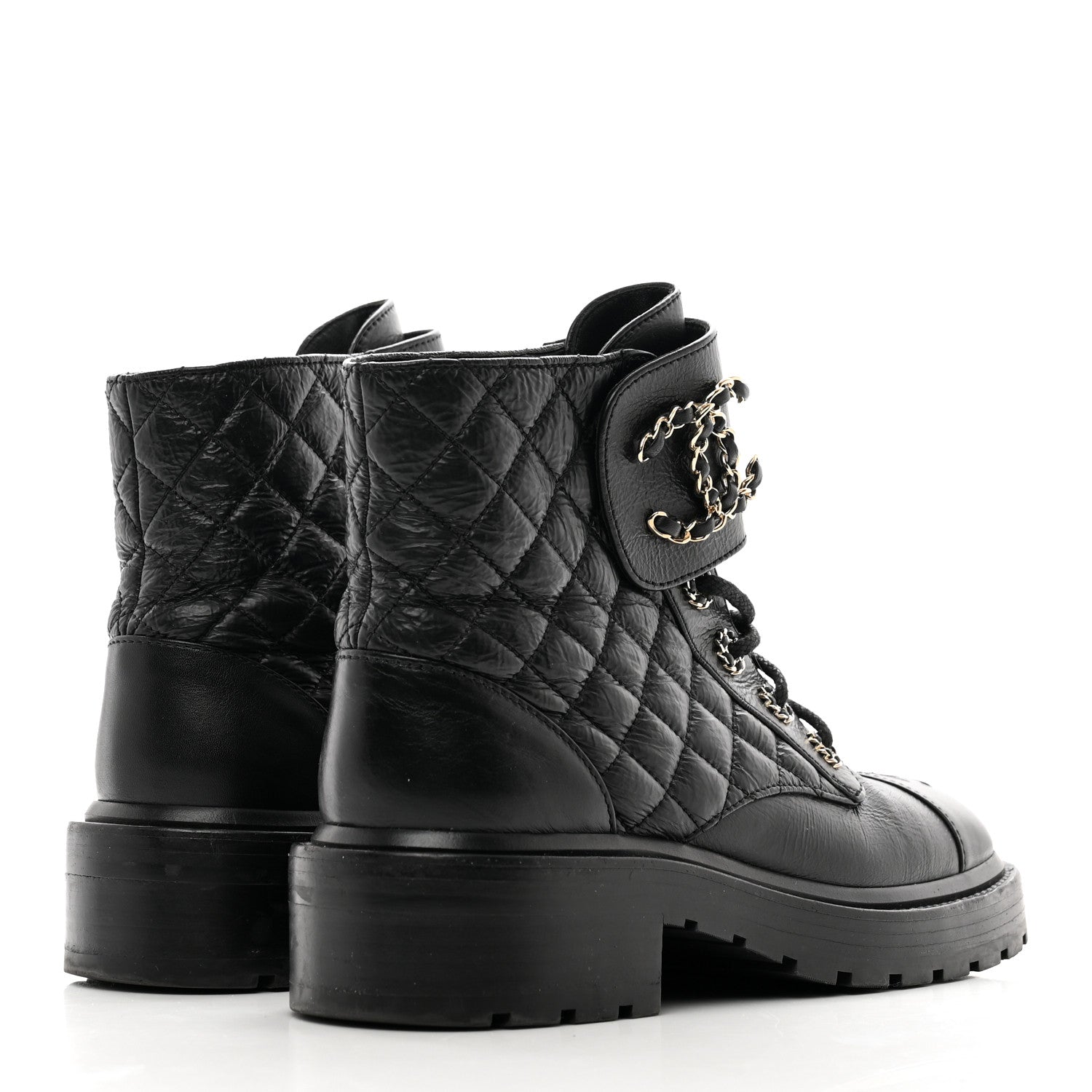 Chanel Shiny Calfskin Quilted Lace Up Combat Boots 37.5 Black 4 of 9