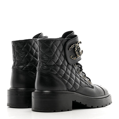 Chanel Shiny Calfskin Quilted Lace Up Combat Boots 37.5 Black 4 of 9