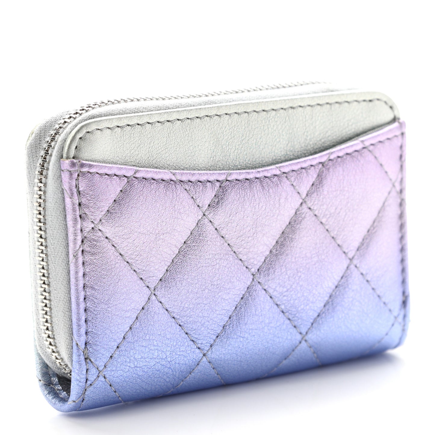 Gradient Metallic Calfskin Quilted Zip Around Coin Purse Wallet Silver Blue Yellow Purple