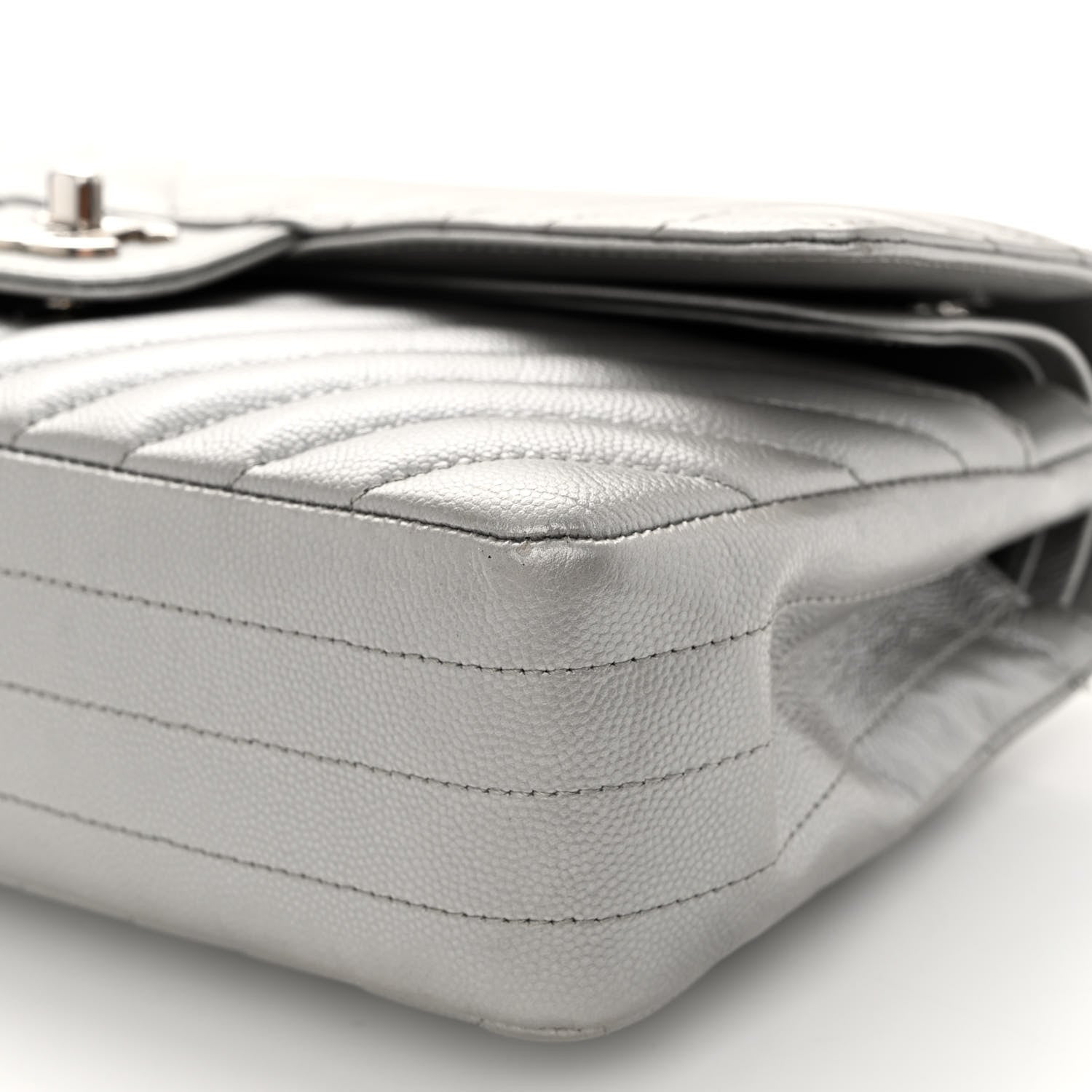 Chanel Metallic Caviar Chevron Quilted Medium Double Flap Silver 10 of 12
