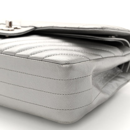 Chanel Metallic Caviar Chevron Quilted Medium Double Flap Silver 10 of 12