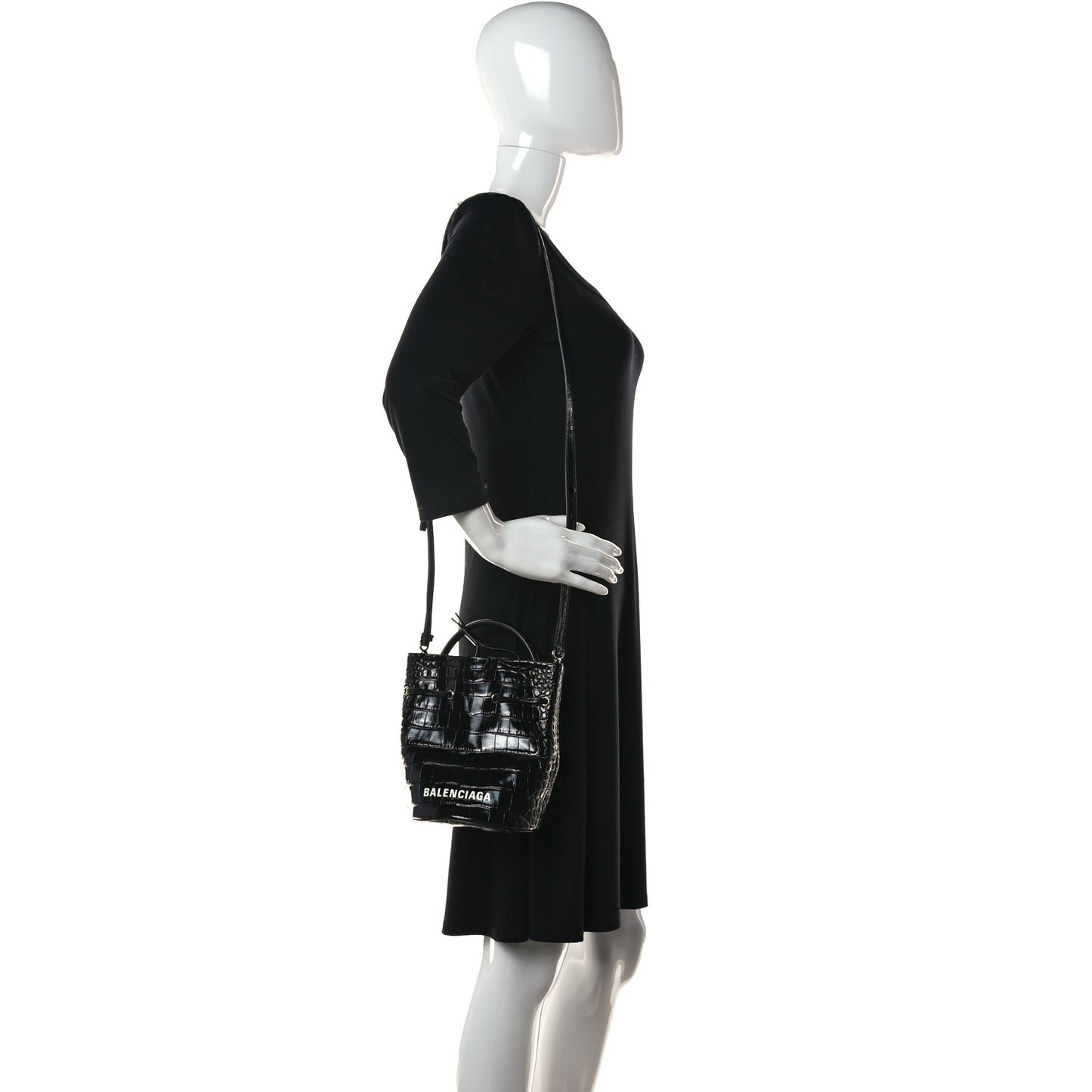 Shiny Calfskin Logo Crocodile Embossed XS Everyday Bucket Bag Black