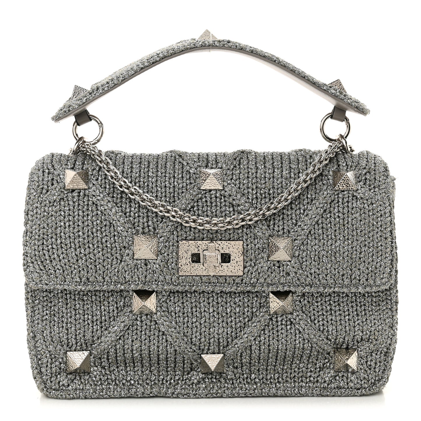 Metallic Lurex Knit Large Roman Stud Shoulder Bag Silver