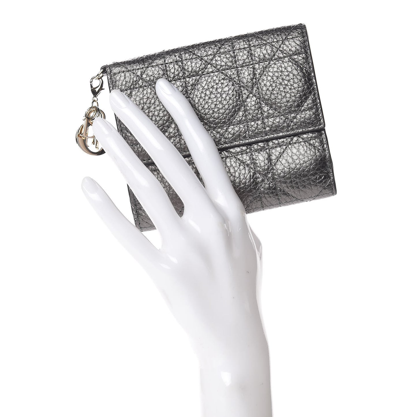 Metallic Grained Calfskin Cannage Lady Dior French Wallet Gunmetal