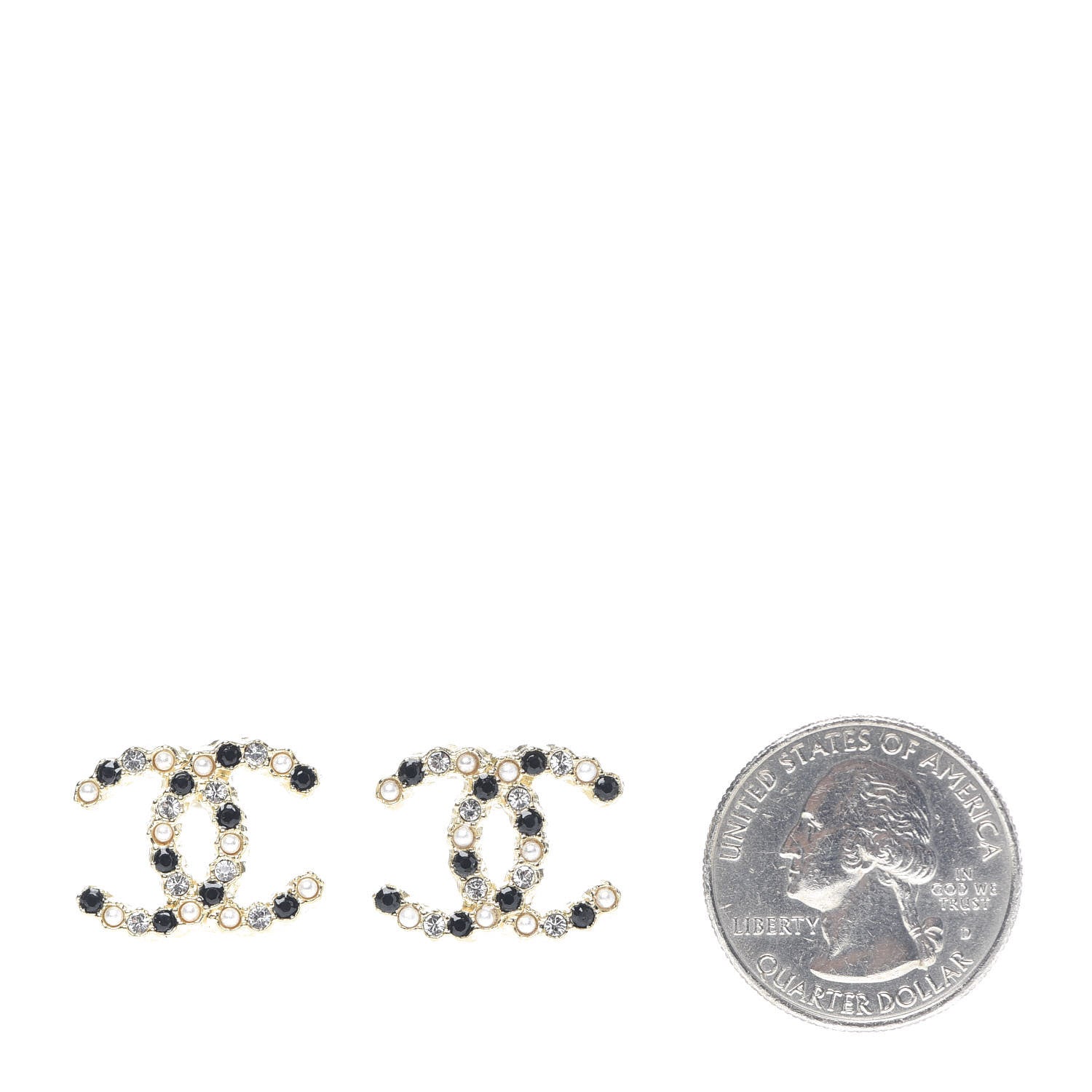 Chanel Resin Pearl Crystal CC Earrings Gold Black 2 of 4