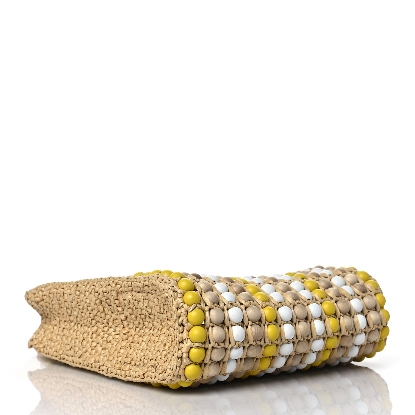 Raffia Wood Bead Embroidered Logo Tote Bag Naturale