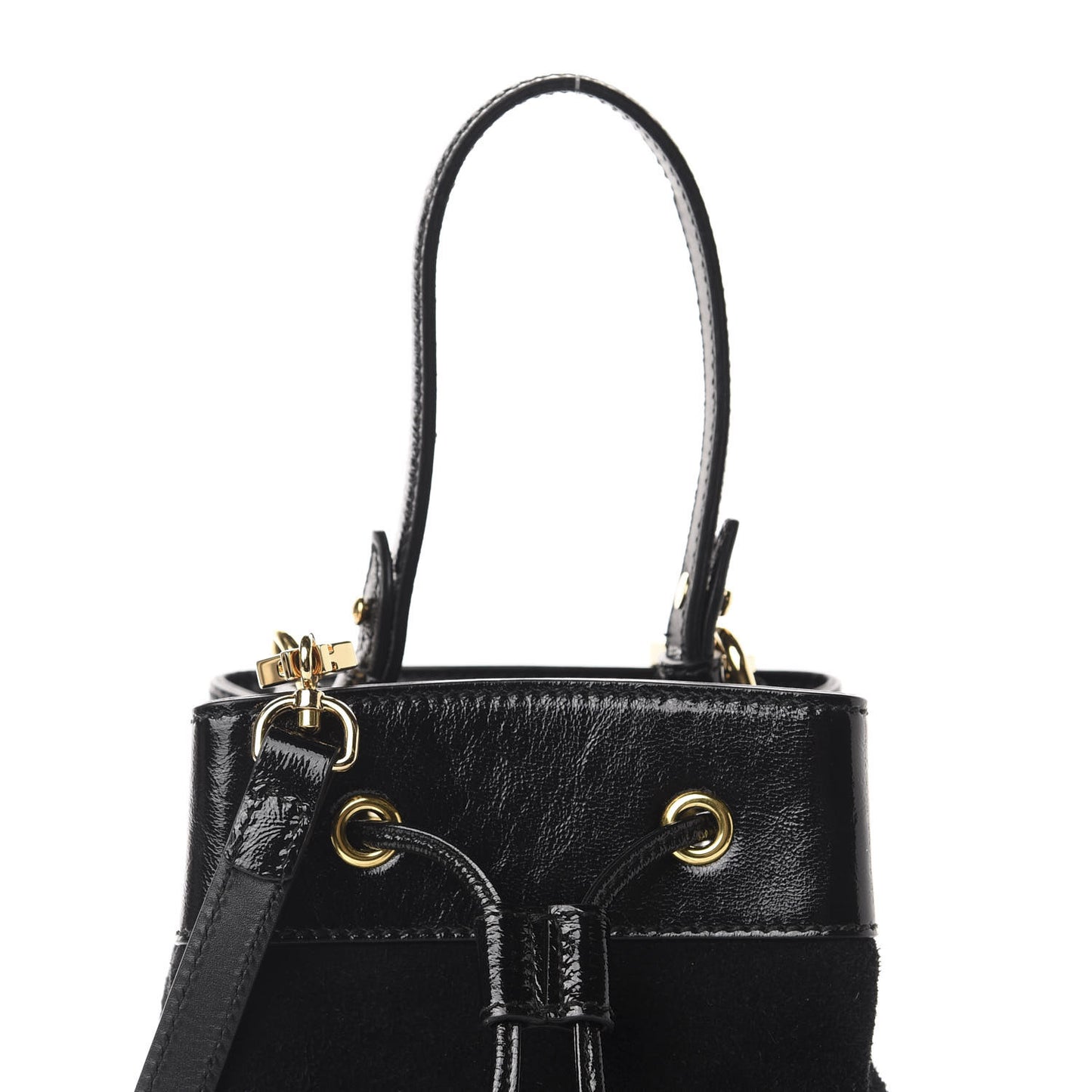 Suede Patent Web Small Ophidia Bucket Bag Black