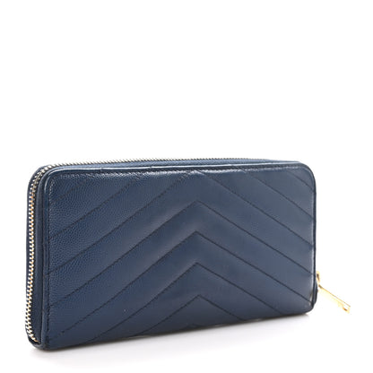 Saint Laurent Grain De Poudre Matelasse Chevron Monogram Zip Around Wallet Deep Marine 3 of 8