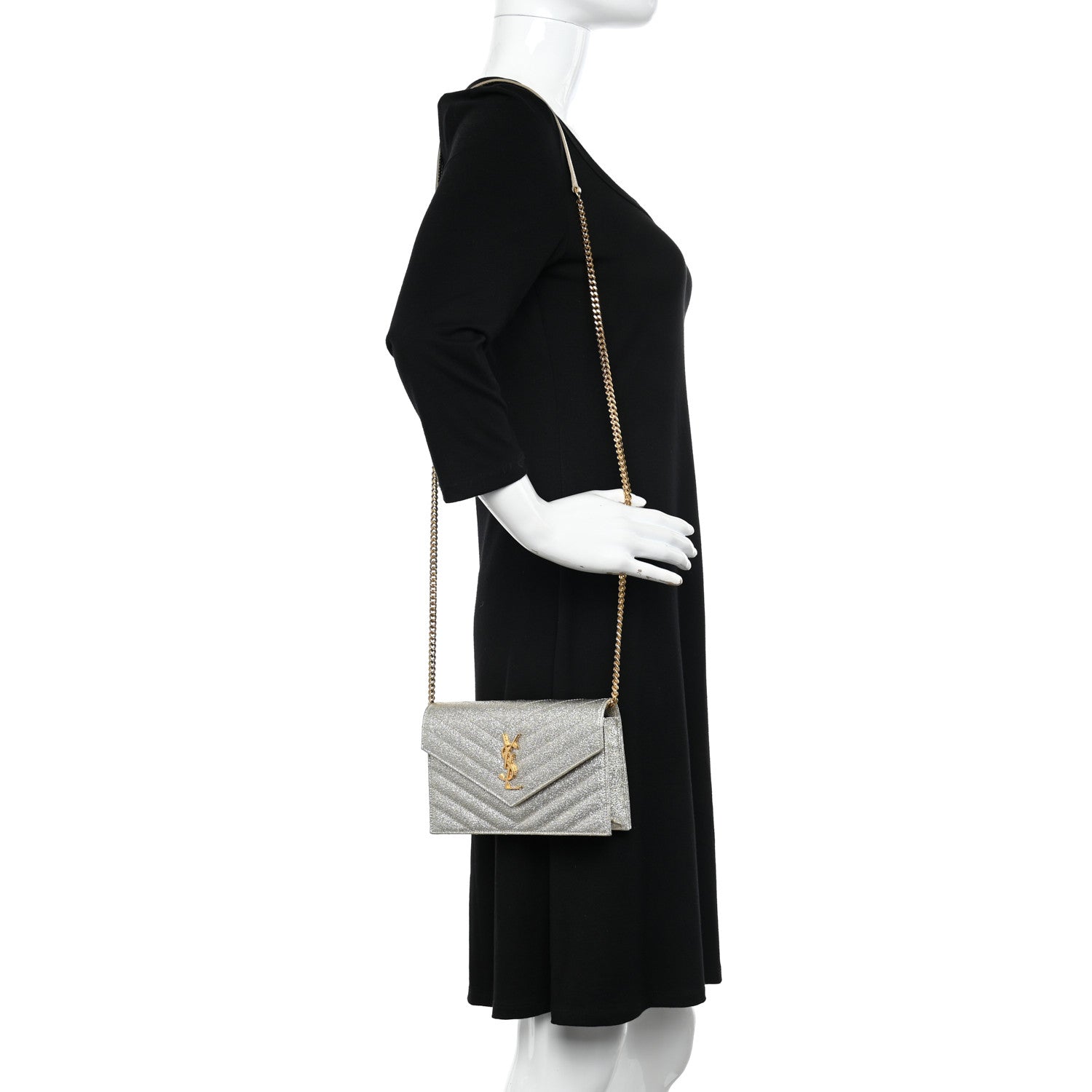 Saint Laurent Metallic Crackled Calfskin Matelasse Chevron Monogram Envelope Chain Wallet Gold 3 of 11