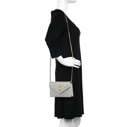 Saint Laurent Metallic Crackled Calfskin Matelasse Chevron Monogram Envelope Chain Wallet Gold 3 of 11