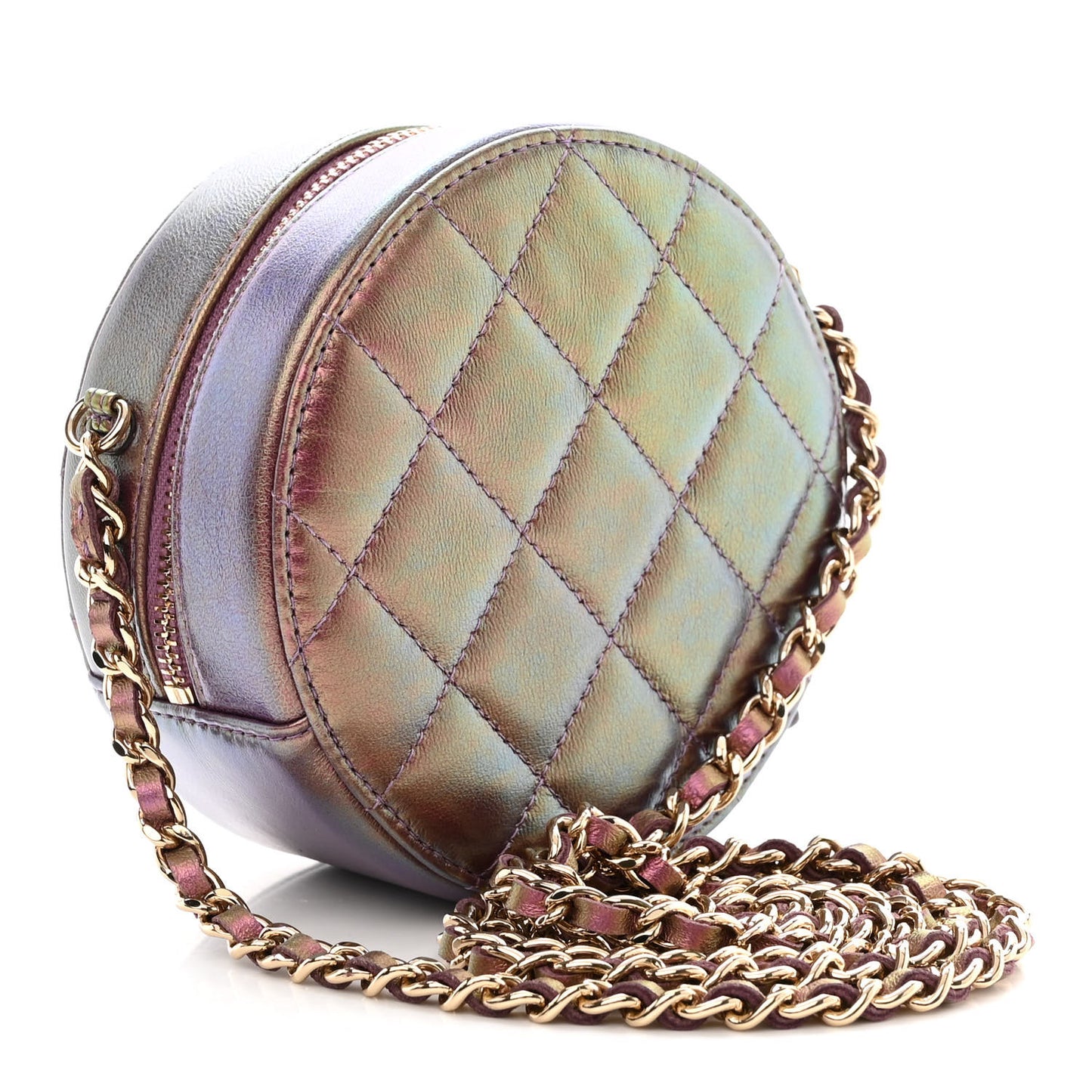 Iridescent Lambskin Quilted Round Clutch With Chain Purple