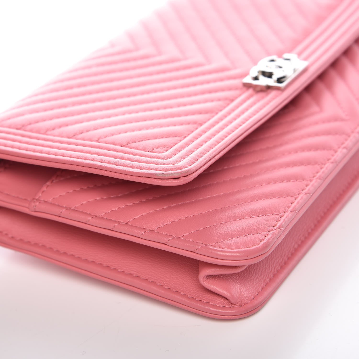 Chanel Calfskin Chevron Quilted Boy Wallet On Chain WOC Pink 10 of 14
