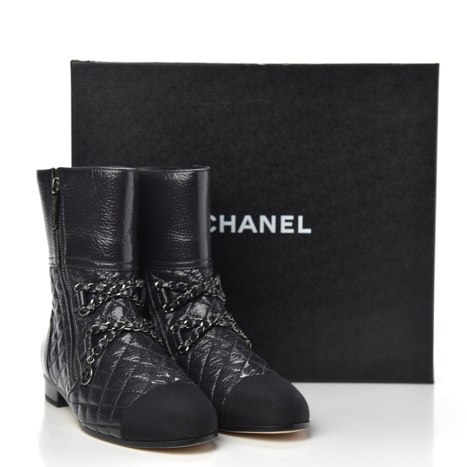 Chanel Calfskin Patent Grosgrain Quilted Cap Toe Chain Boots 37 Black 8 of 8