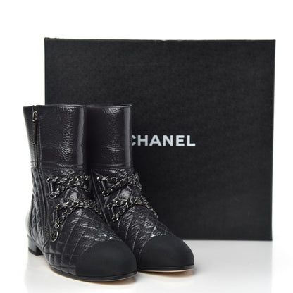 Chanel Calfskin Patent Grosgrain Quilted Cap Toe Chain Boots 37 Black 8 of 8