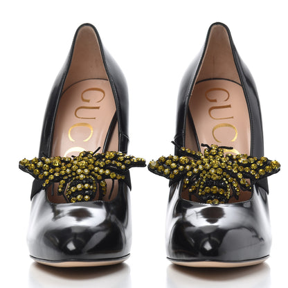 Gucci Polished Calfskin Removable Bee Elaisa Platform High Heel Pumps 38.5 Black 2 of 16