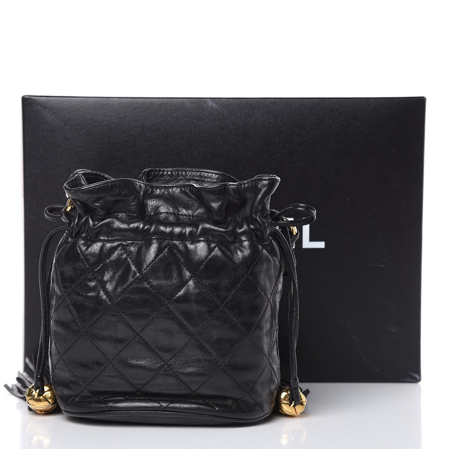 Lambskin Tassel Drawstring Pouch Bag Black