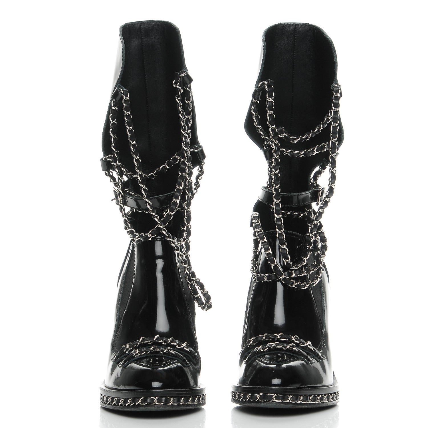 Chanel Patent Chained Tall Combat Boots 39 Black 2 of 17