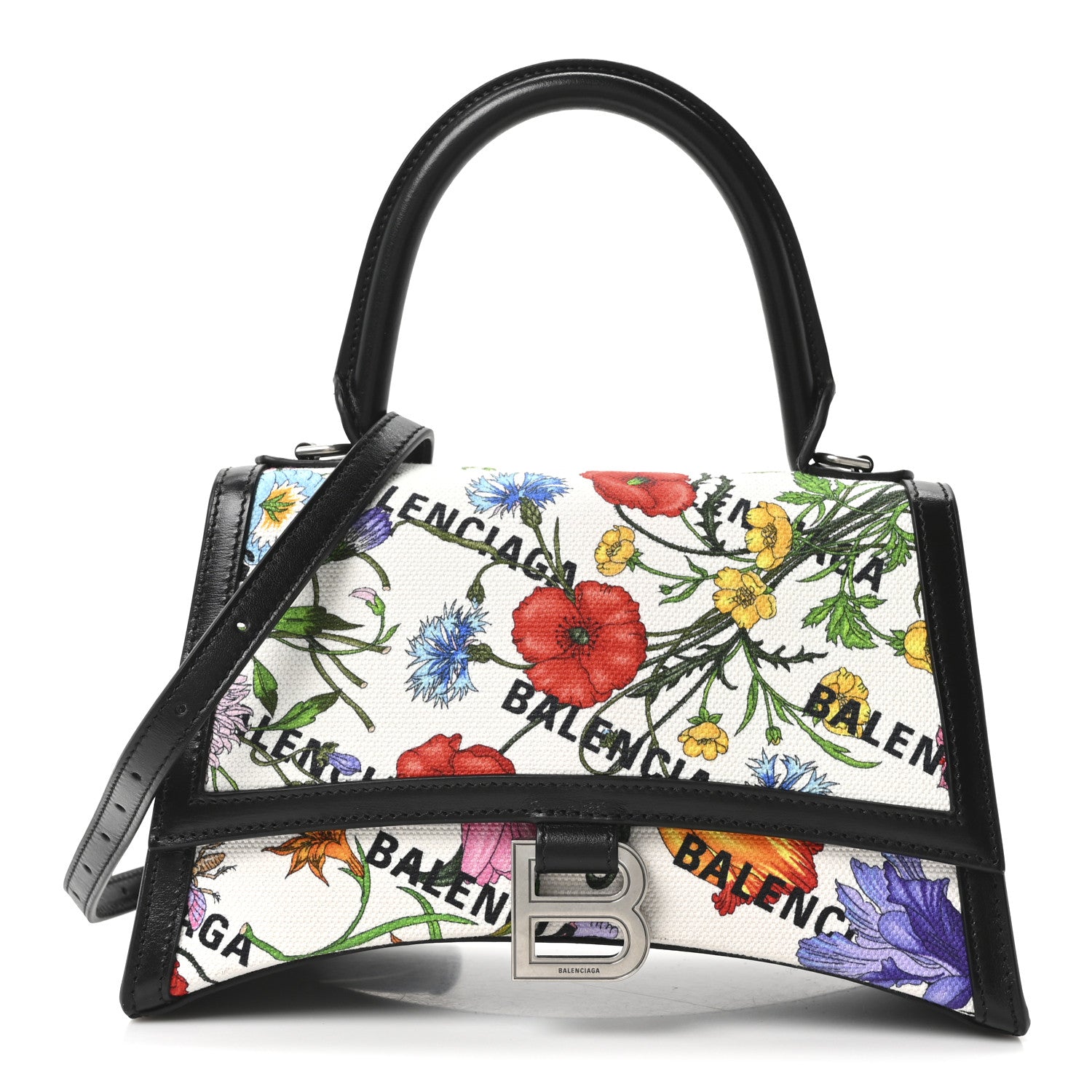 Balenciaga X GUCCI Canvas Boarded Plutone Calfskin Flora Logo Print Small Hourglass Top Handle Bag White Multicolor Black 1 of 9