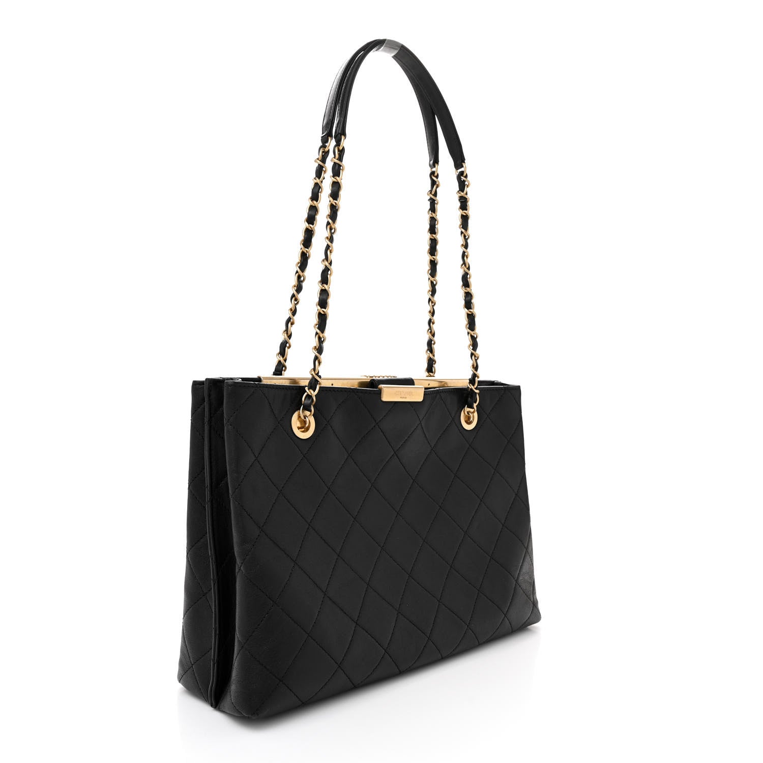 Chanel Lambskin Quilted Signature Plate Large Shopping Tote Black 3 of 10