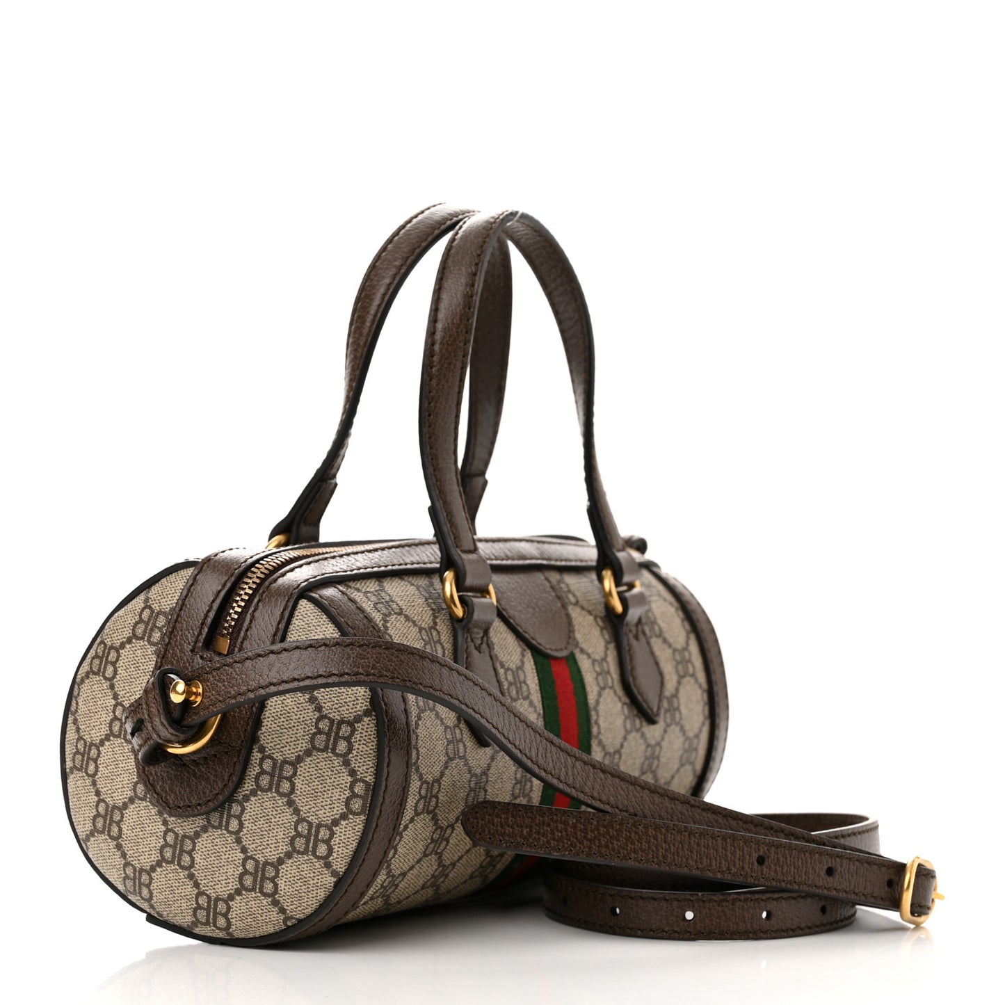 X BALENCIAGA BB Supreme Monogram Web Small Ophidia Boston Bag Beige New Acero