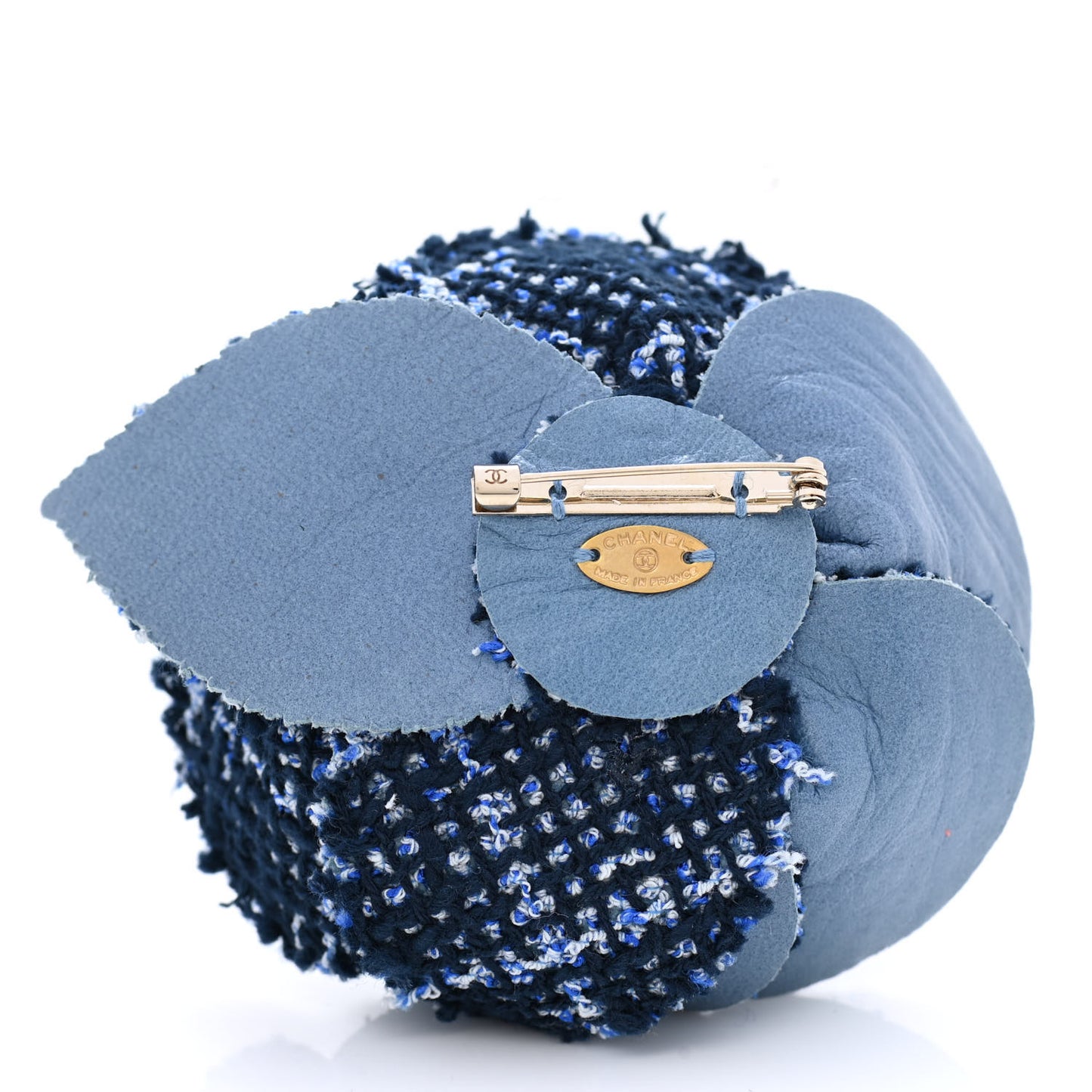 Tweed Lambskin Camellia Pearl Brooch Navy Black White