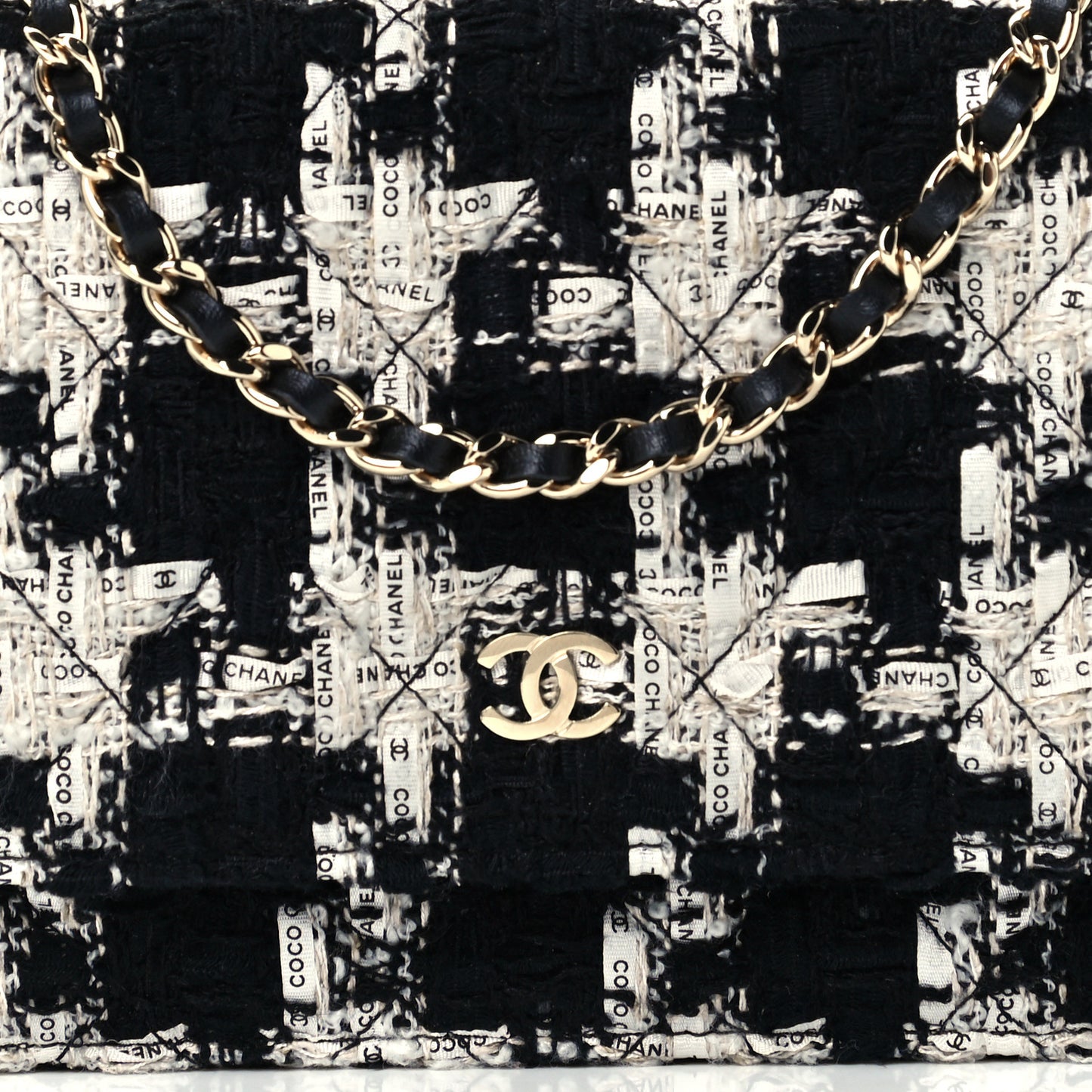 Tweed Quilted Wallet On Chain WOC Black Ecru White