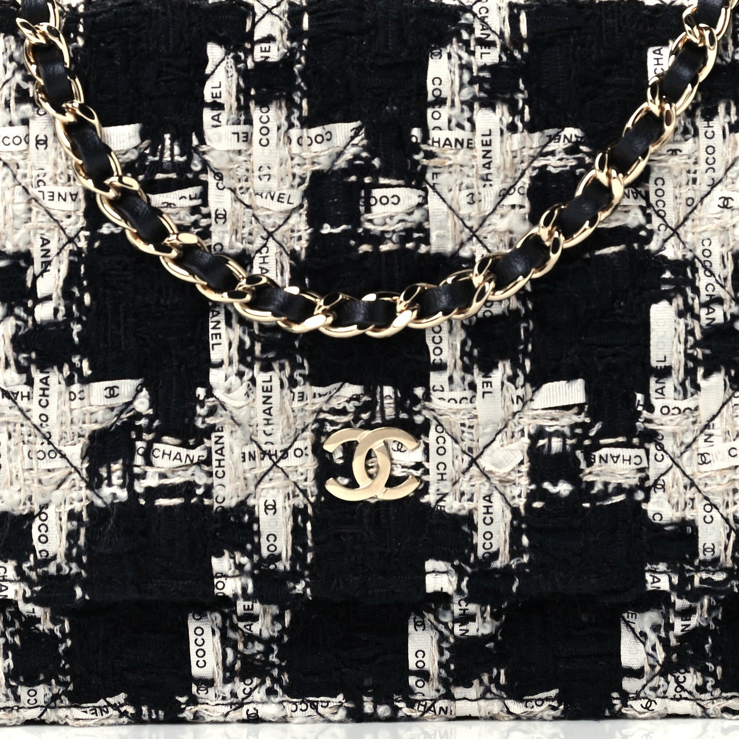 Chanel Tweed Quilted Wallet On Chain WOC Black Ecru White 8 of 11
