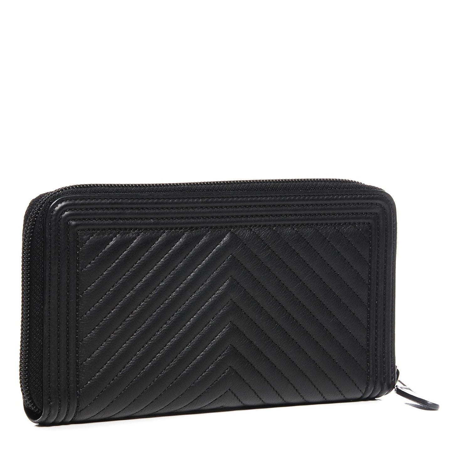 Calfskin Chevron Zip Around Boy Wallet Black