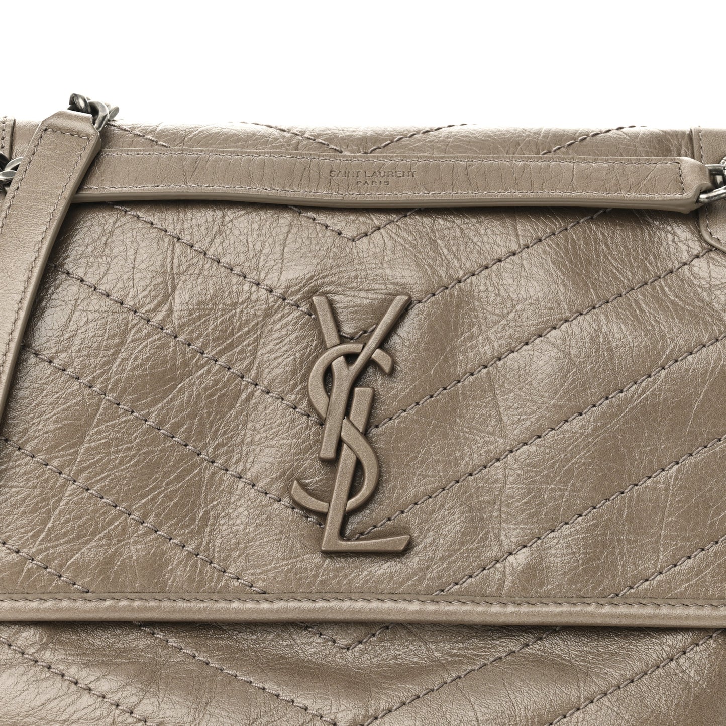 Crinkled Calfskin Matelasse Monogram Medium Niki Chain Satchel Greyish Brown