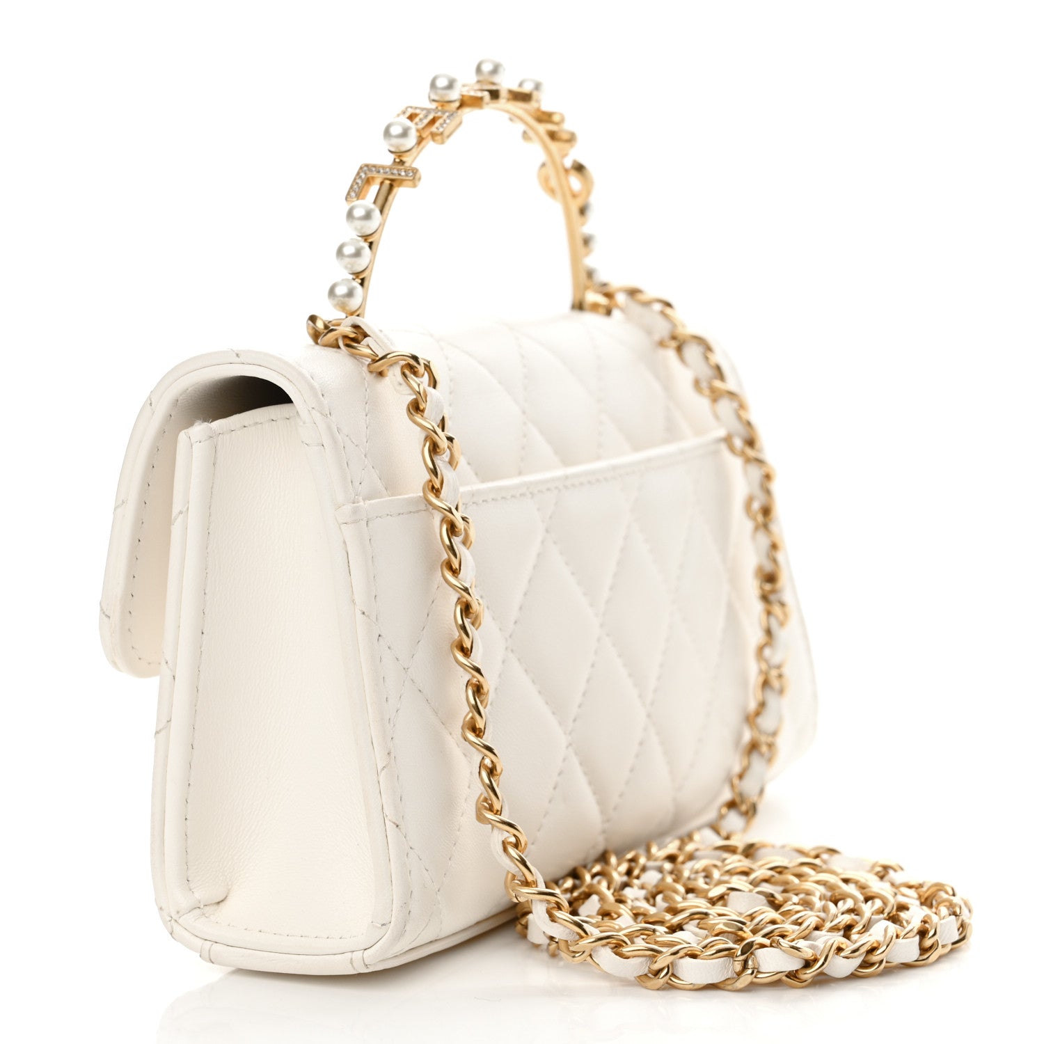 Chanel Lambskin Pearl Crystal Quilted Pearly Girl Handle Flap Phone Holder With Chain White 3 of 11