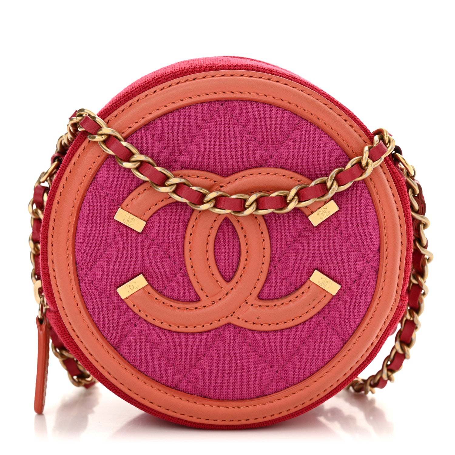 Chanel Jersey Quilted CC Filigree Round Clutch With Chain Pink Red Orange 1 of 10